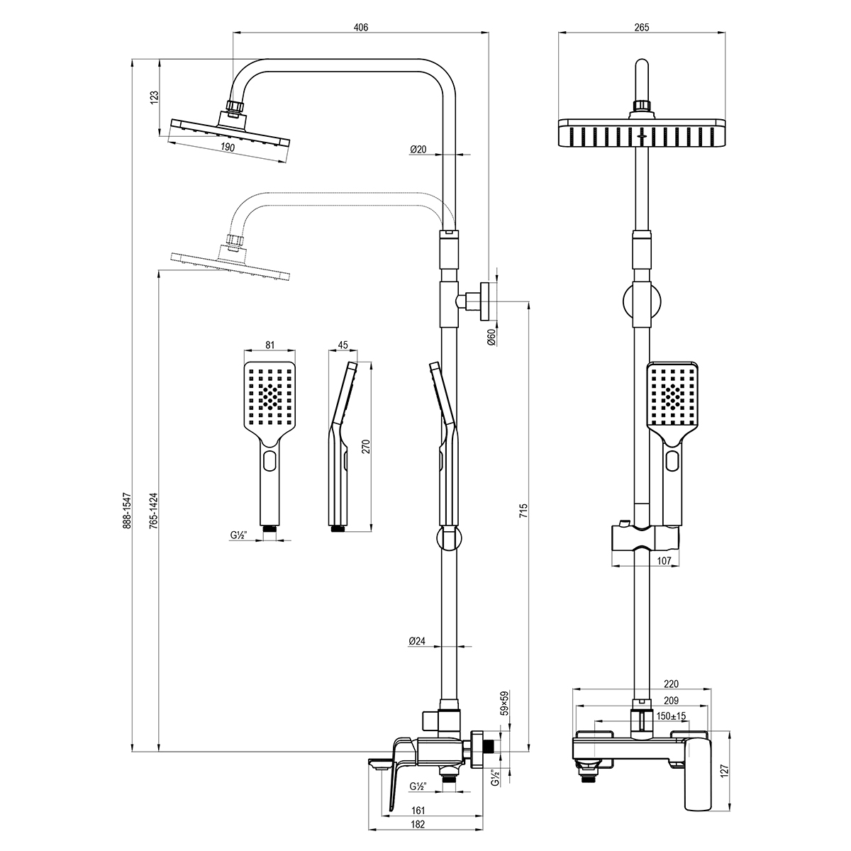 Смеситель Lemark Hosta LM12362LGM для ванны и душа с регулируемой высотой штанги и верхней душевой лейкой "Тропический дождь" ТОЛЬКО ОНЛАЙН!