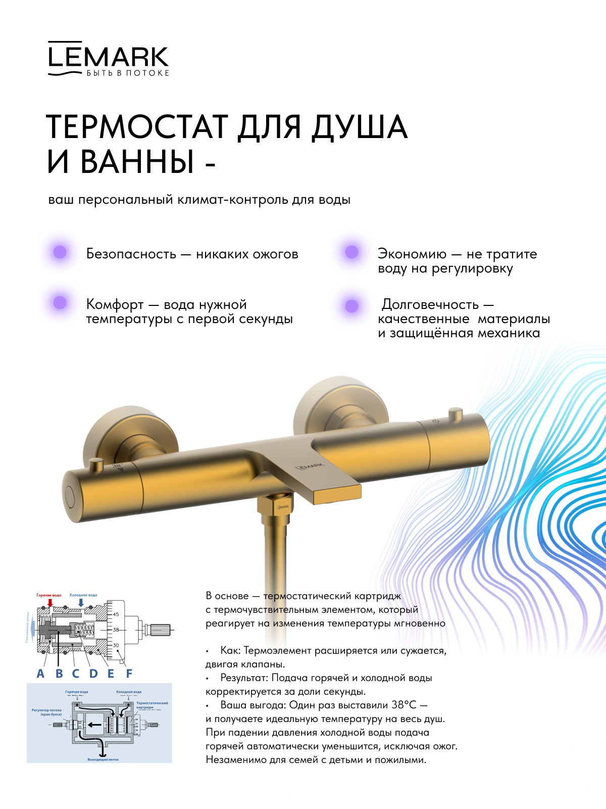 Смеситель Lemark Валдай_Valday LMF-8142B-BRG для ванны, термостатический