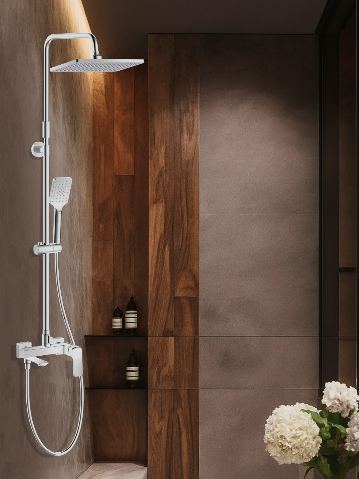 Смеситель Lemark Hosta LM12362C для ванны и душа с регулируемой высотой штанги и верхней душевой лейкой "Тропический дождь"