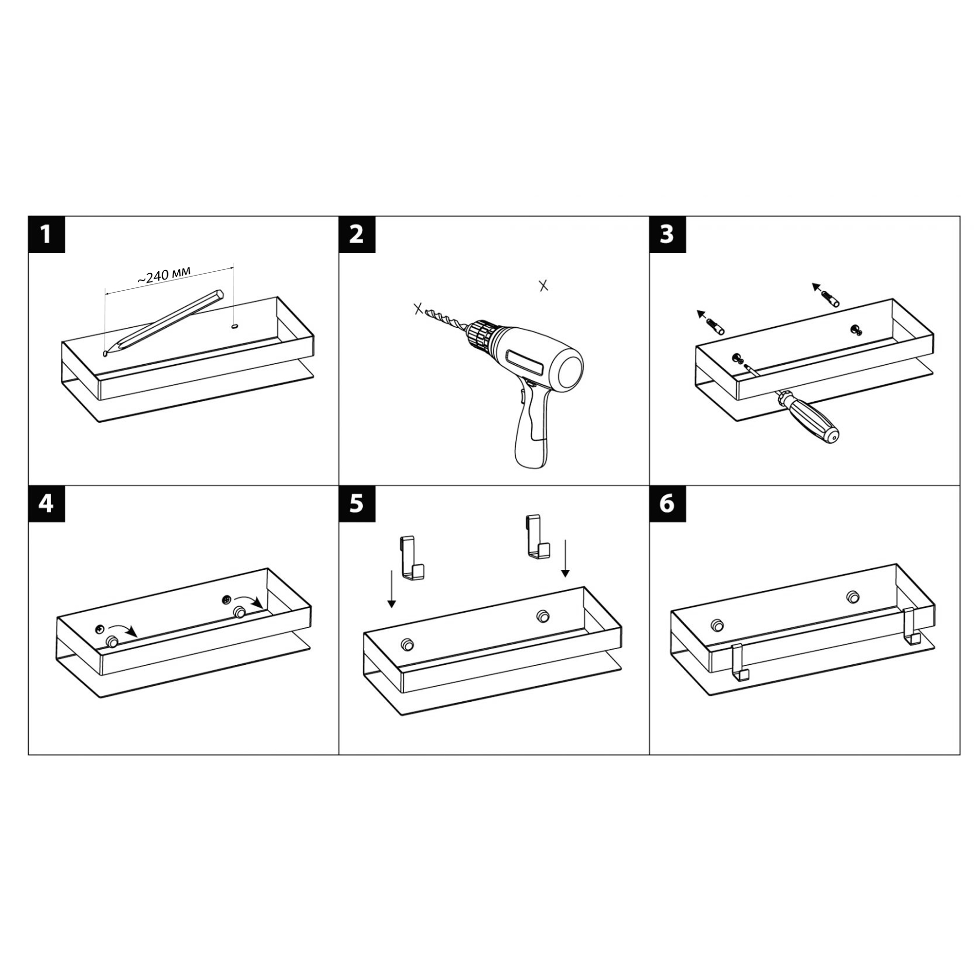 Полка для душа прямая 400 мм Lemark SHELF LINE из нерж. стали с крючками, черный