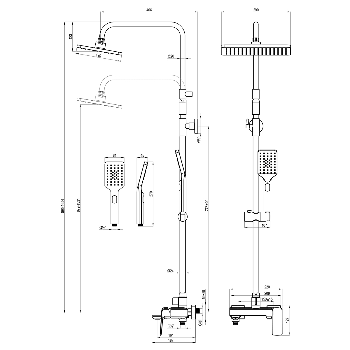 Смеситель Lemark Hosta LM12362C для ванны и душа с регулируемой высотой штанги и верхней душевой лейкой "Тропический дождь"