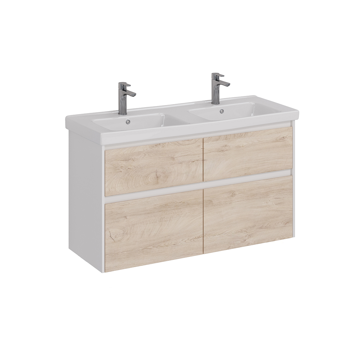 Тумба Lemark COMBI 125 см под 2 раковины, подвесная/напольная,4 ящика, цвет фасада: Дуб кантри, цвет корпуса: Белый глянец Тумба Lemark COMBI 125 см под 2 раковины, подвесная/напольная,4 ящика, цвет фасада: Дуб кантри, цвет корпуса: Белый глянец