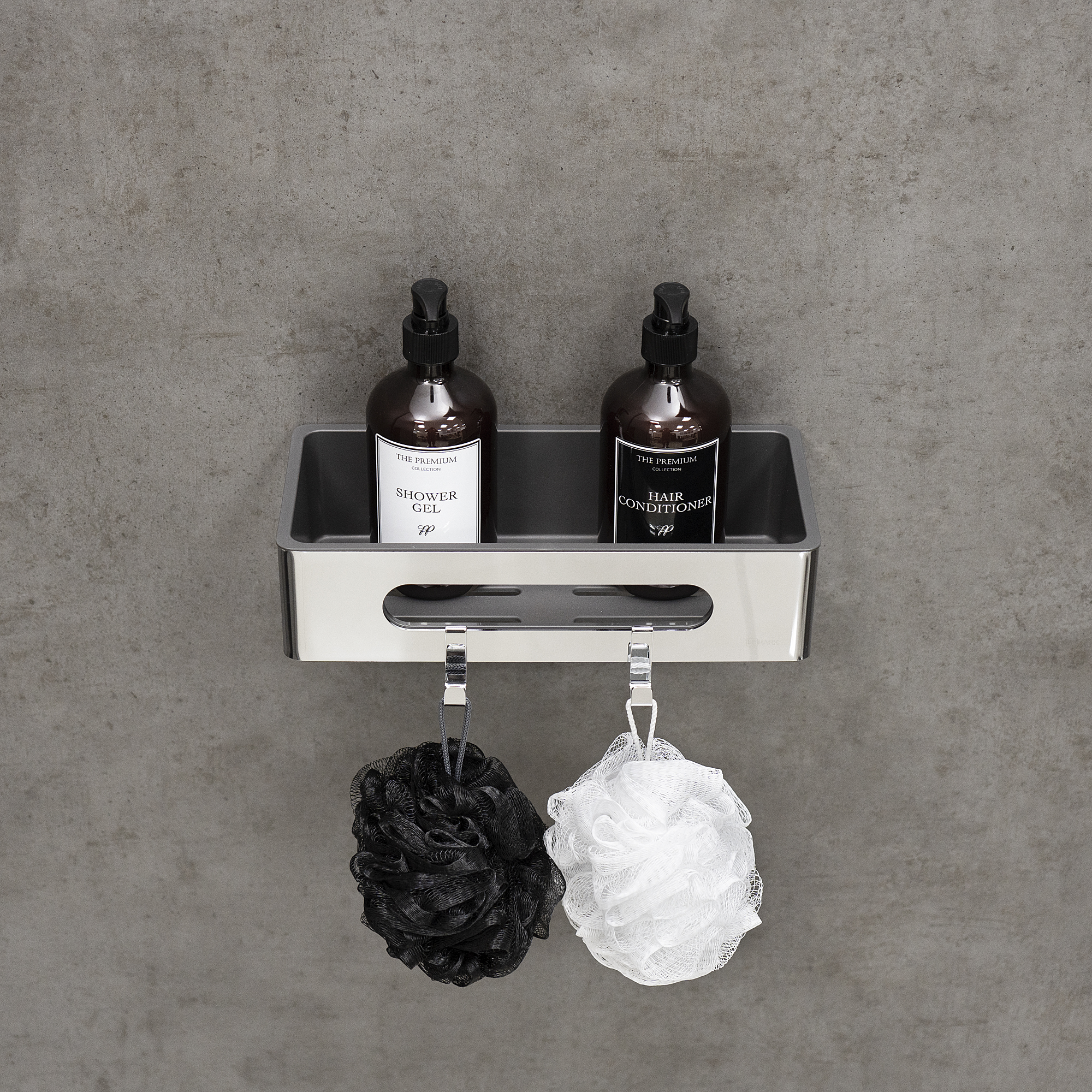 Полка для душа прямая Lemark SHELF LINE из нерж. стали с крючками, хром/вставка-пластик графит