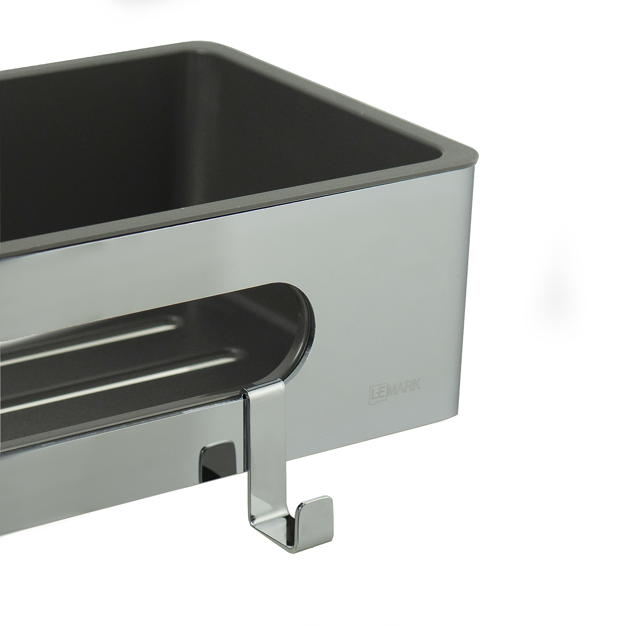 Полка для душа прямая Lemark SHELF LINE из нерж. стали с крючками, хром/вставка-пластик графит