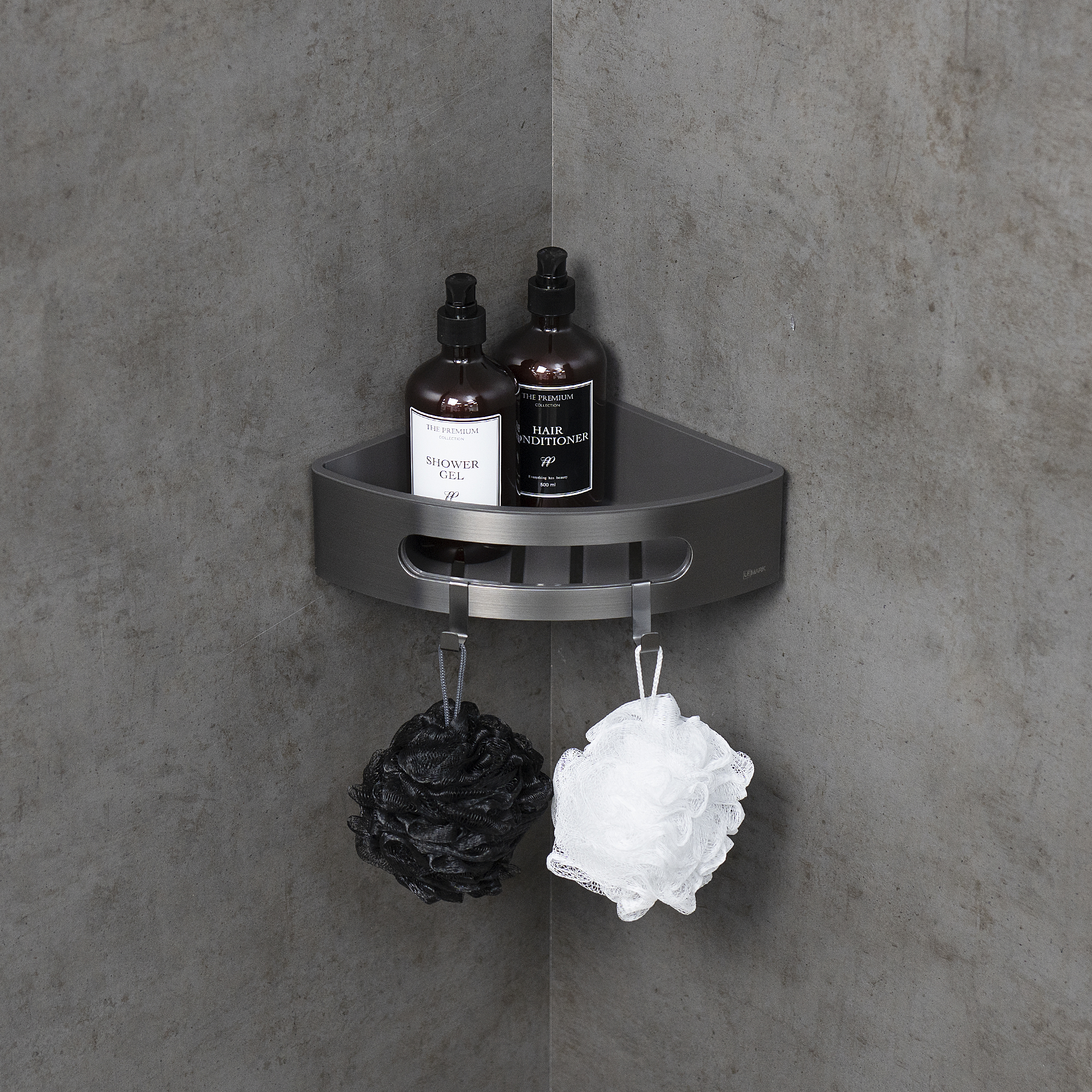Полка для душа угловая Lemark SHELF LINE из нерж. стали с крючками, графит/вставка-пластик графит