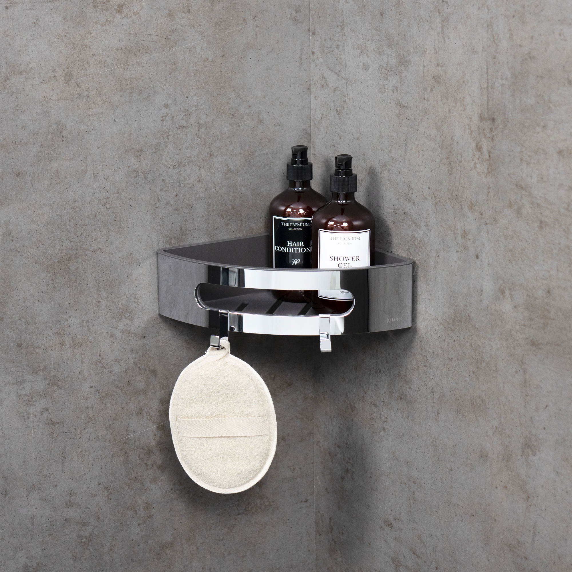 Полка для душа угловая Lemark SHELF LINE из нерж. стали с крючками, хром/вставка-пластик графит