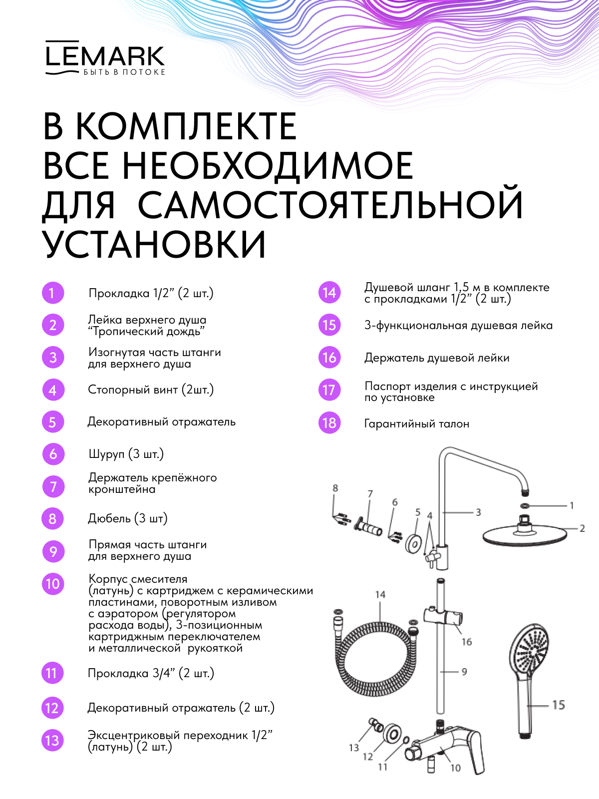 Смеситель Lemark Бронкс_Bronx LM3762MW для ванны и душа с регулируемой высотой штанги и верхней душевой лейкой "Тропический дождь"