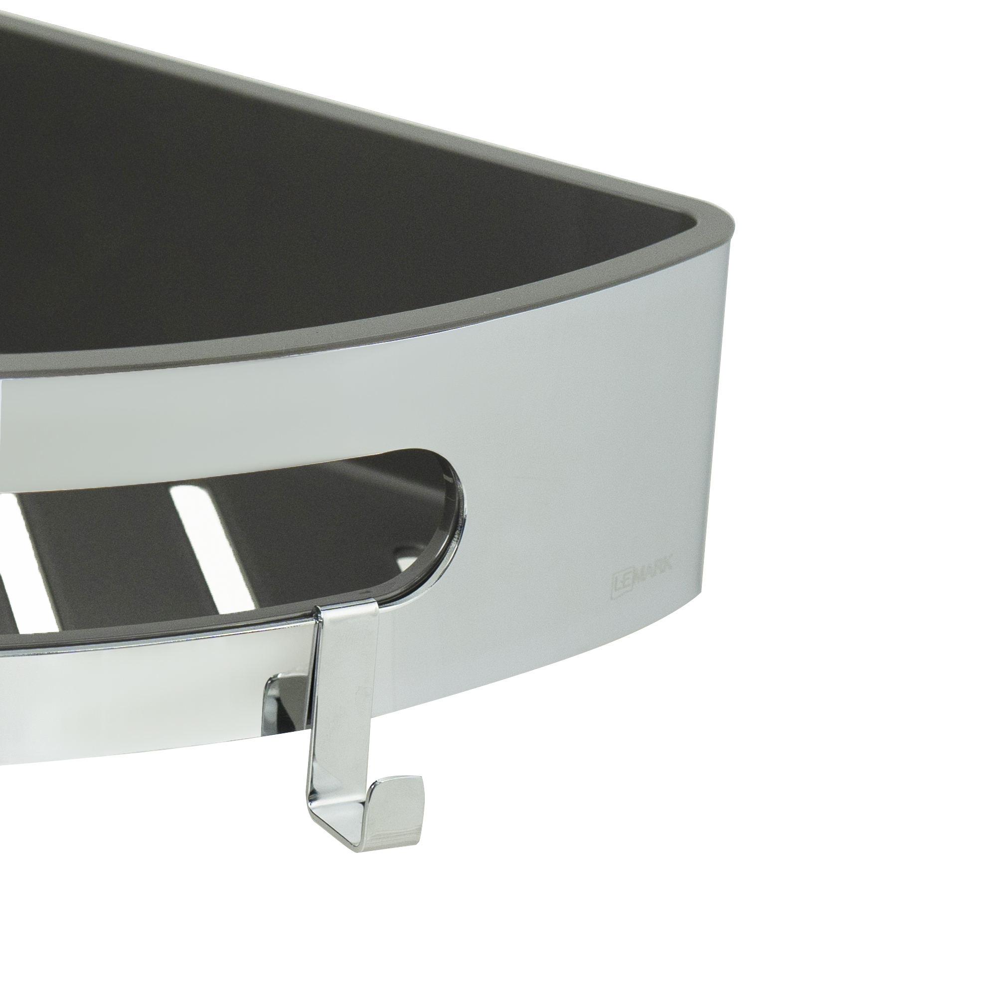 Полка для душа угловая Lemark SHELF LINE из нерж. стали с крючками, хром/вставка-пластик графит