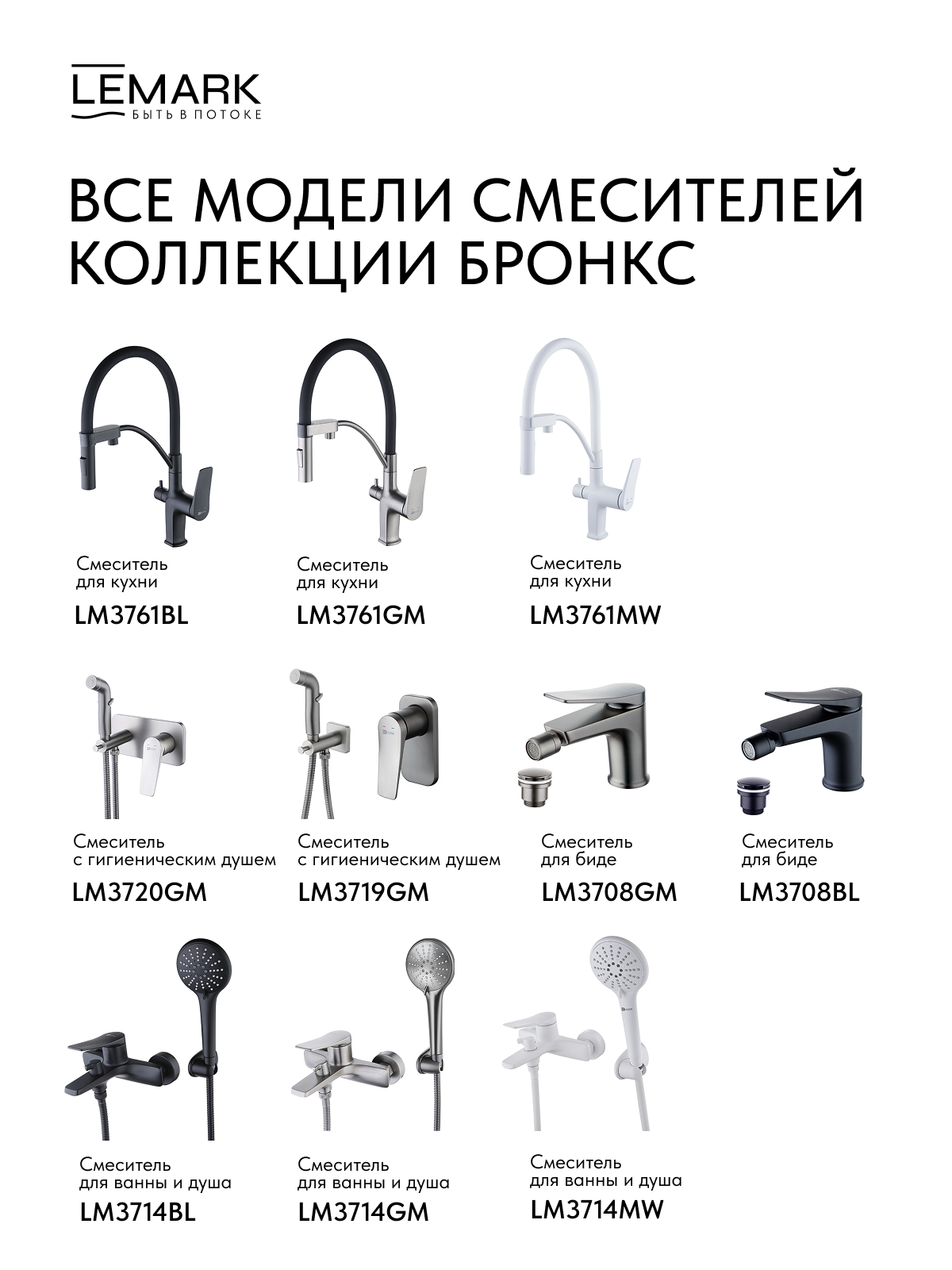 Смеситель Lemark Бронкс_Bronx LM3762MW для ванны и душа с регулируемой высотой штанги и верхней душевой лейкой "Тропический дождь"