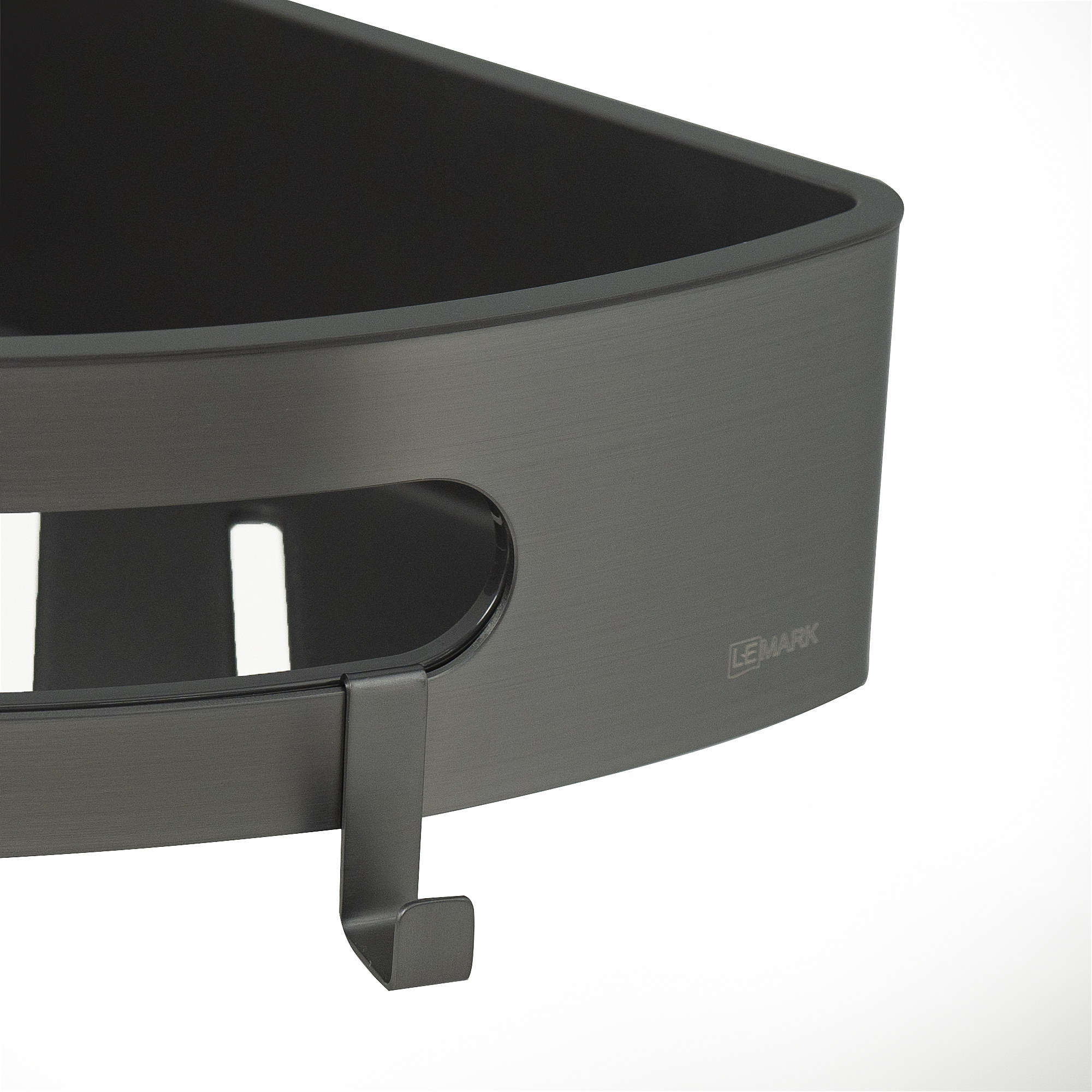 Полка для душа угловая Lemark SHELF LINE из нерж. стали с крючками, графит/вставка-пластик графит