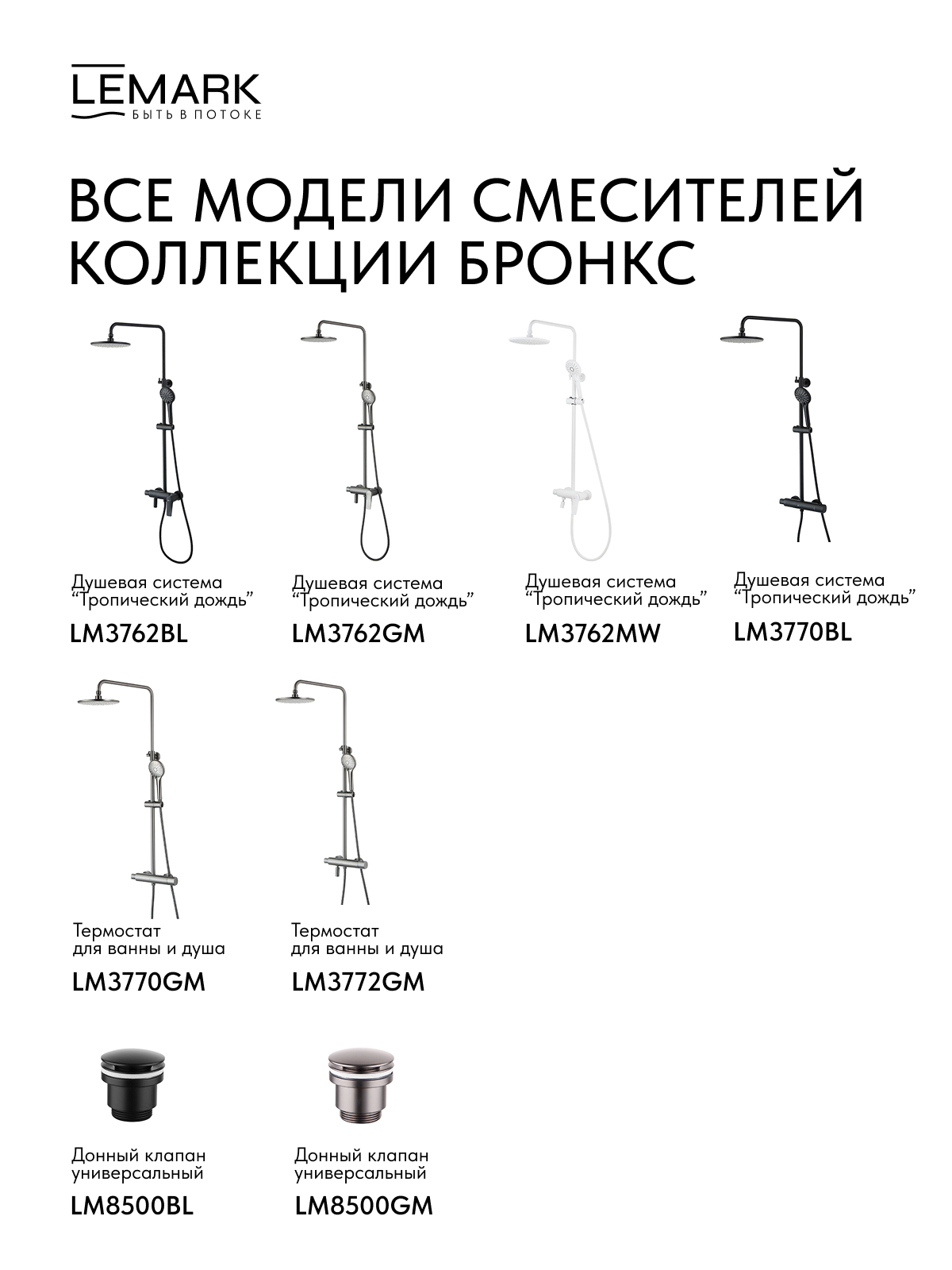 Смеситель Lemark Бронкс_Bronx LM3762MW для ванны и душа с регулируемой высотой штанги и верхней душевой лейкой "Тропический дождь"