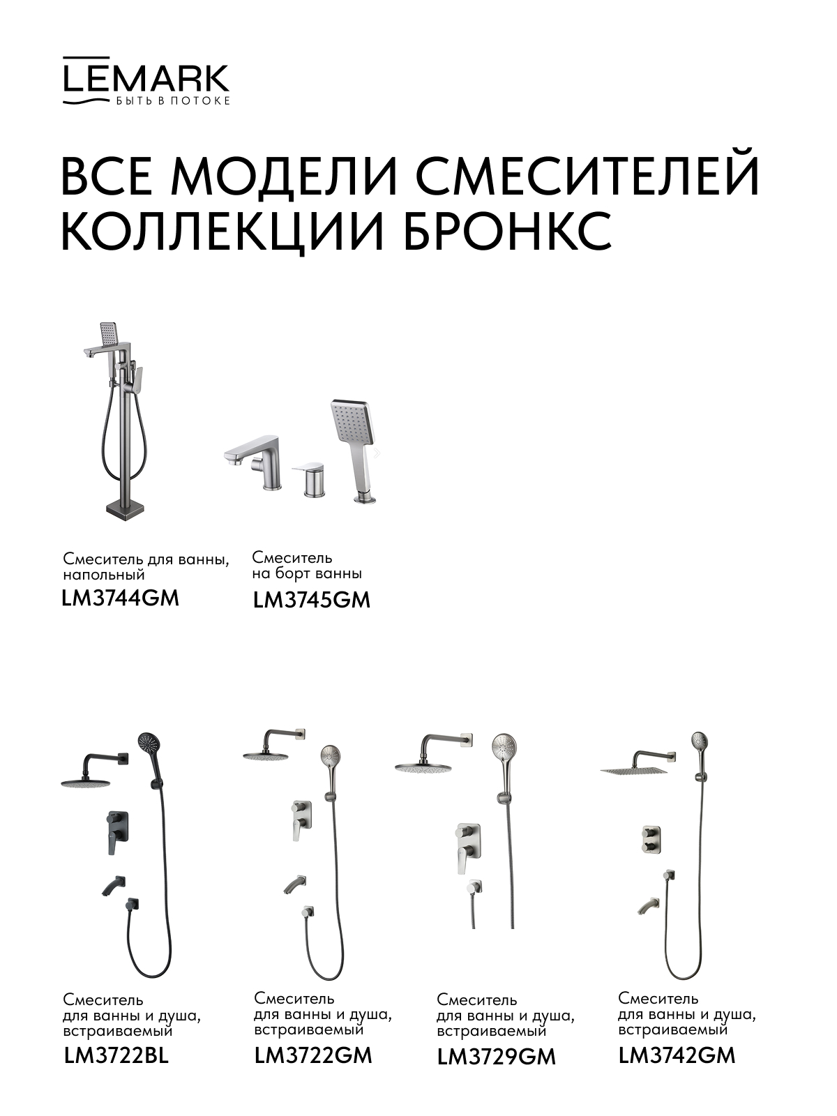 Смеситель Lemark Бронкс_Bronx LM3762MW для ванны и душа с регулируемой высотой штанги и верхней душевой лейкой "Тропический дождь"