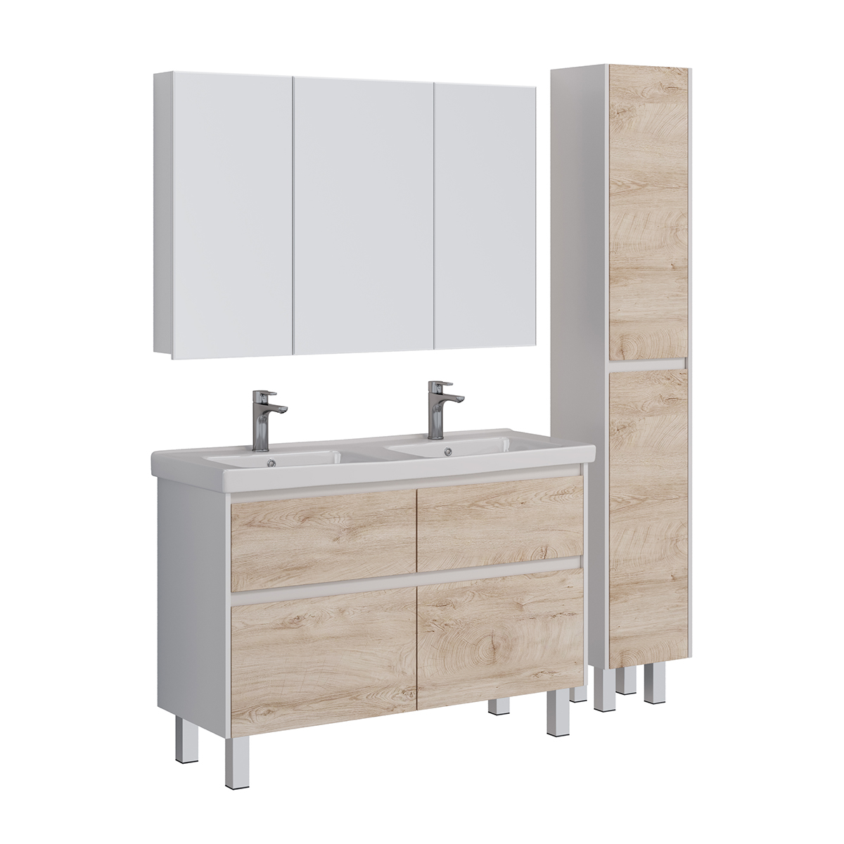 Тумба Lemark COMBI 125 см под 2 раковины, подвесная/напольная,4 ящика, цвет фасада: Дуб кантри, цвет корпуса: Белый глянец Тумба Lemark COMBI 125 см под 2 раковины, подвесная/напольная,4 ящика, цвет фасада: Дуб кантри, цвет корпуса: Белый глянец