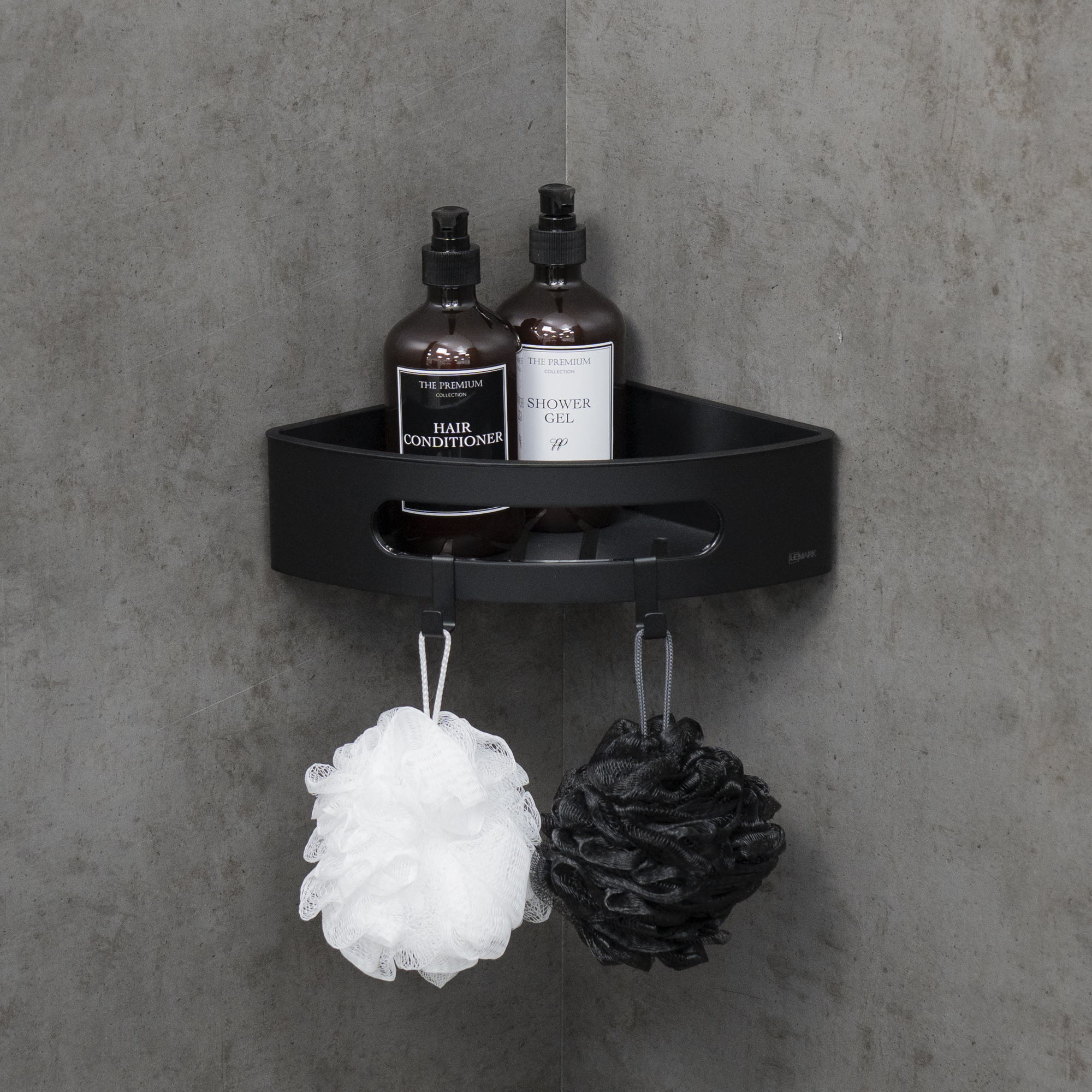 Полка для душа угловая Lemark SHELF LINE из нерж. стали с крючками, черный/ вставка-пластик черный