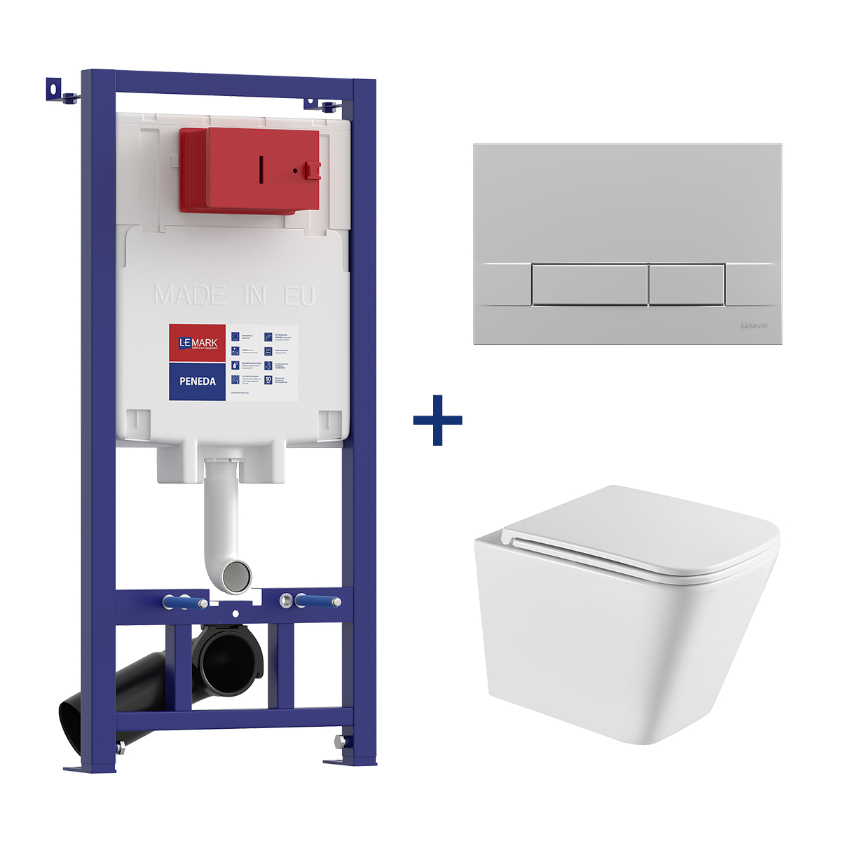 Комплект 3в1: Инсталляция Lemark PENEDA для унитазов с кнопкой смыва BIT хром матовый + унитаз подвесной безободковый  FLOREX Торнадо белый глянец