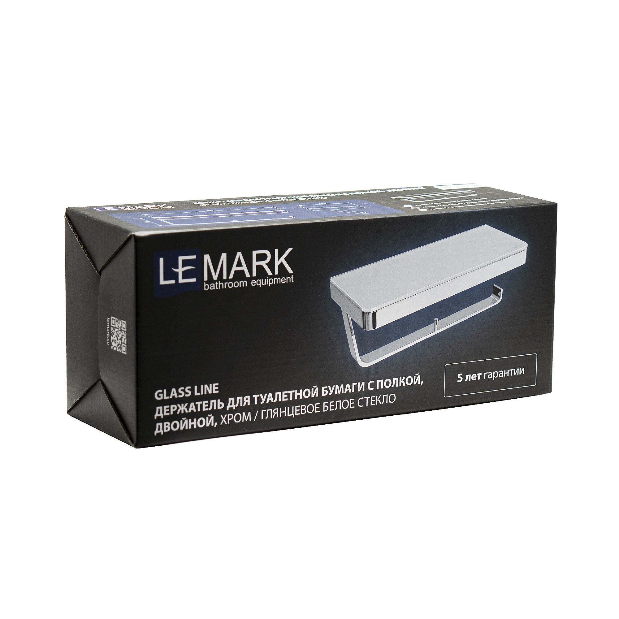 Двойной держатель для туалетной бумаги Lemark GLASS LINE с полкой, хром/белое стекло