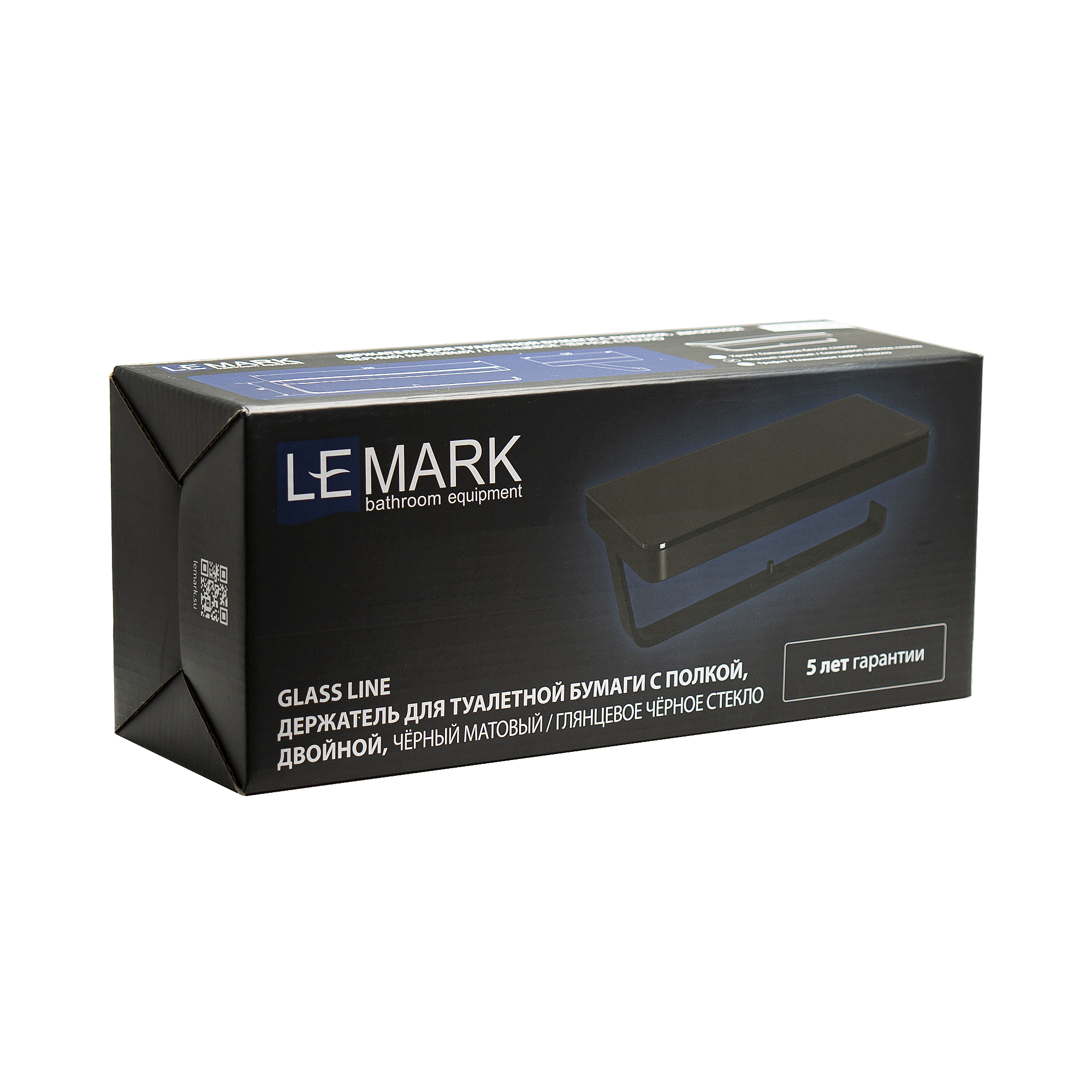 Двойной держатель для туалетной бумаги Lemark GLASS LINE с полкой, чёрный/черное стекло